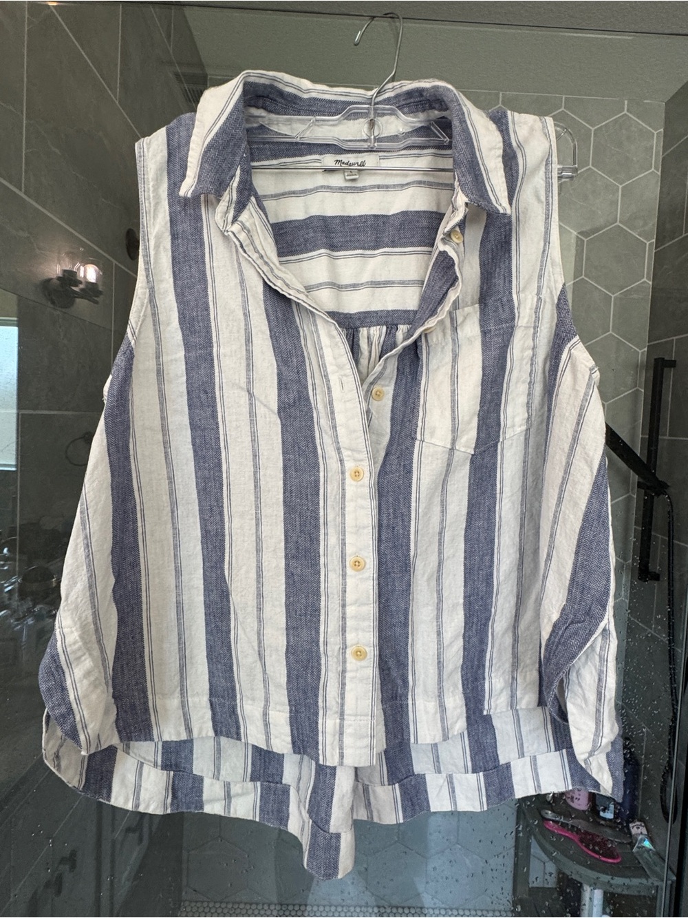 Madewell Blue and White Striped Sleeveless Button-Down Shirt